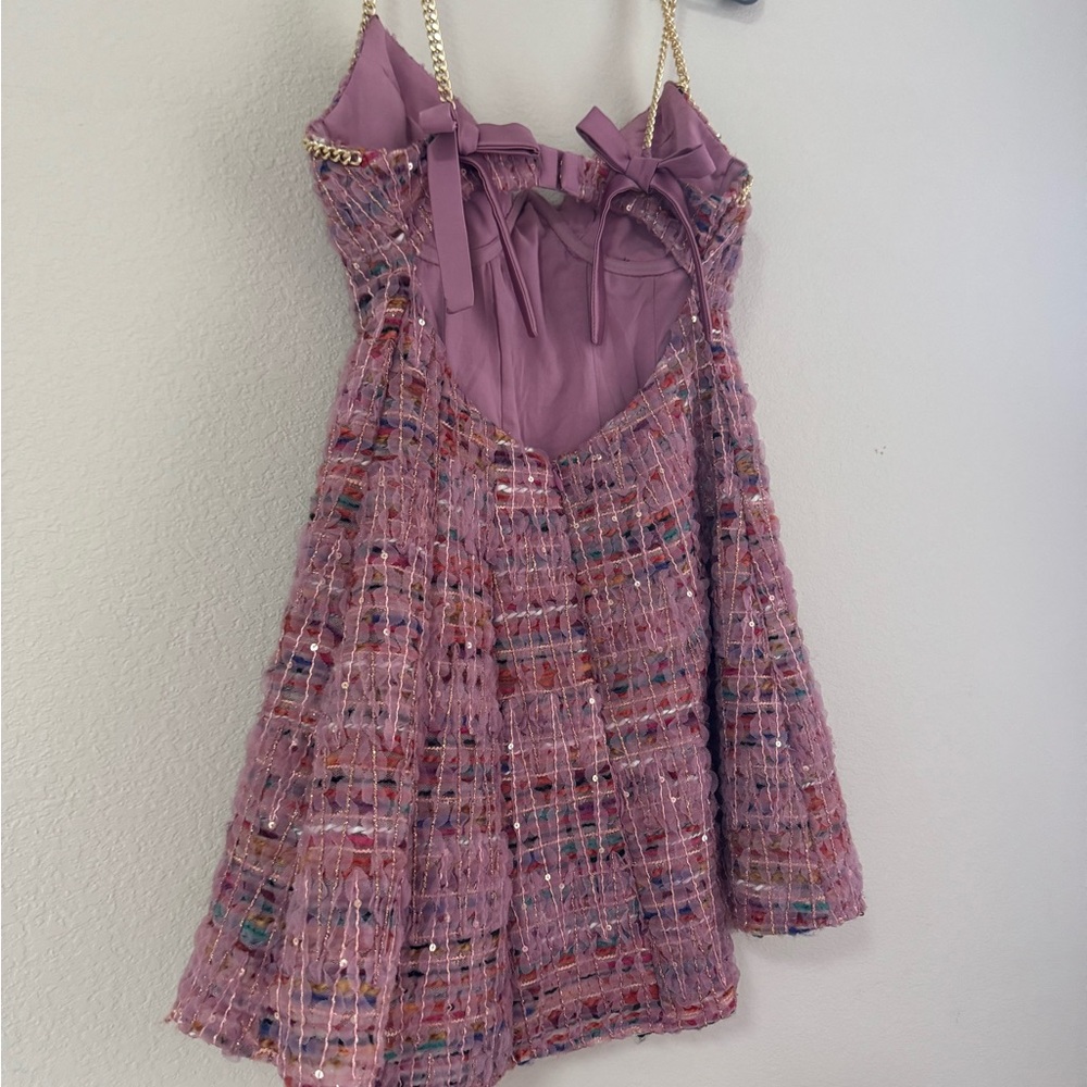 For Love & Lemons Plaid Pink Multi Mini Dress Celine Tweed Chain (S) Like New - Picture 7 of 13
